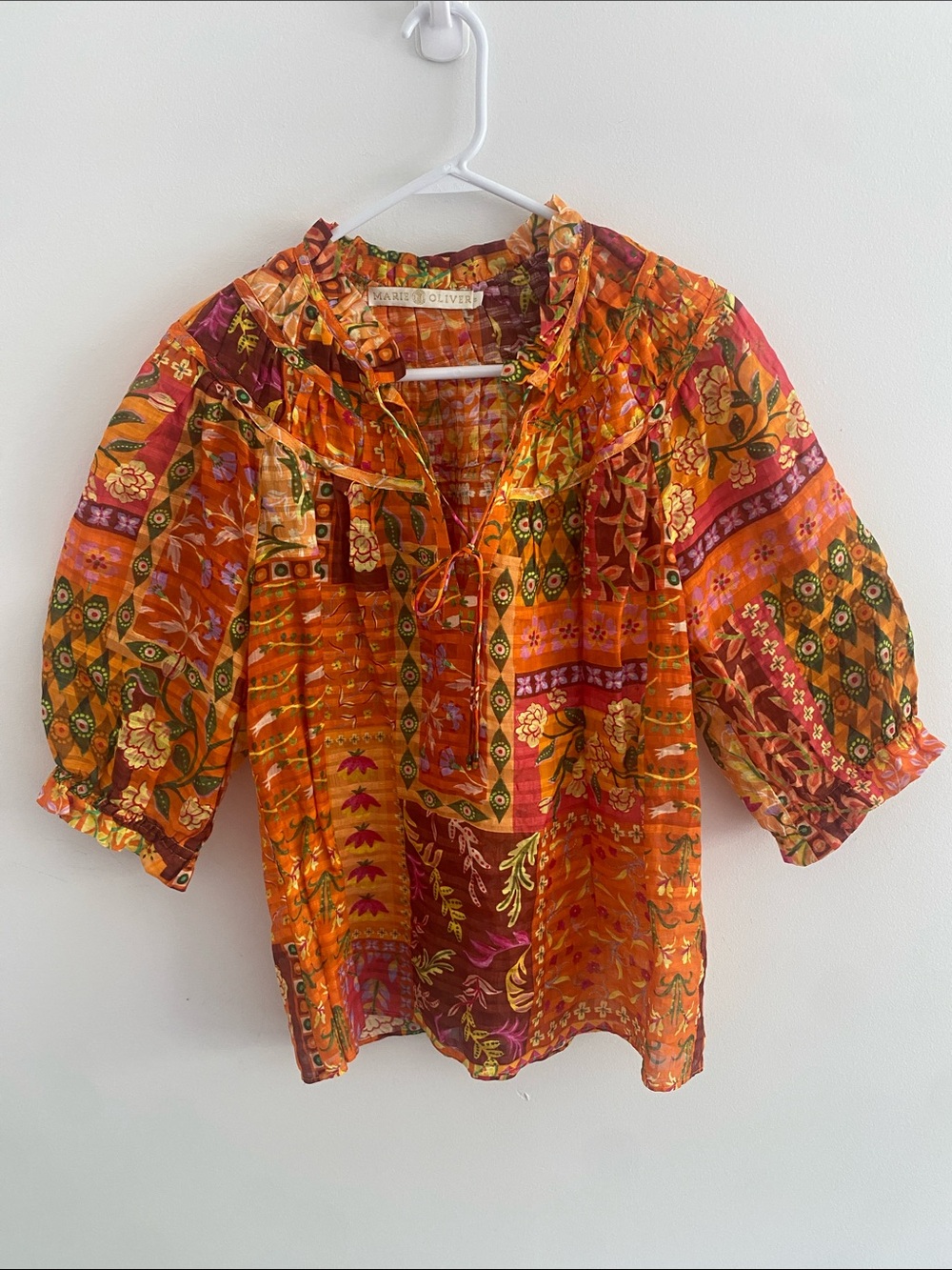 Marie Oliver Linen Blend Ruffle Neck Semi Sheer Blouse Boho Orange Floral M